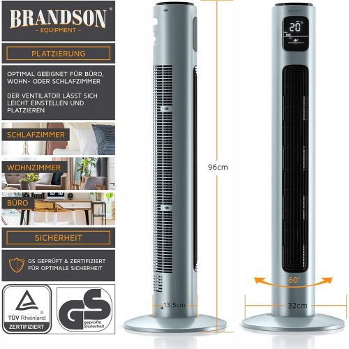  [아마존베스트]Brandson 2020 Model - Tower Fan with Remote Control and 60° Oscillation - Pedestal Fan - Column Fan - 96 cm - 3 Speed Levels - GS Certified Ice Grey