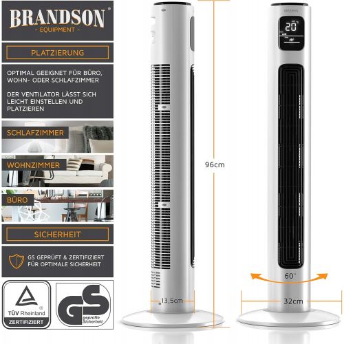  [아마존베스트]Brandson 2020 Model - Tower Fan with Remote Control and 60° Oscillation - Pedestal Fan - Column Fan - 96 cm - 3 Speed Levels - GS Certified, white, 722303806