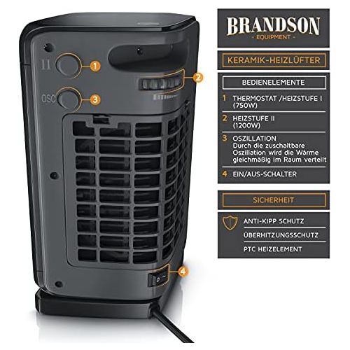  [아마존베스트]BRANDSON - Fan Heater - Ceramic Fan Heater Bathroom Energy-Saving Quiet - Quick Heater With Oscillation Function - 2 X Heat Settings - Timer - GS Certified Heater