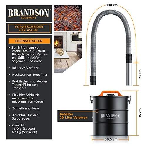  [아마존베스트]Brandson - Ash filter pre-separator - 20 L collection container - suction connection - 1 m suction hose - ash filter - oven vacuum cleaner - fireplace vacuum cleaner - quick fasten