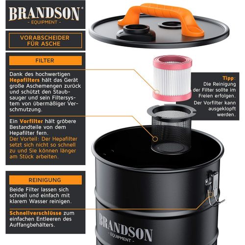  [아마존베스트]Brandson - Ash filter pre-separator - 20 L collection container - suction connection - 1 m suction hose - ash filter - oven vacuum cleaner - fireplace vacuum cleaner - quick fasten