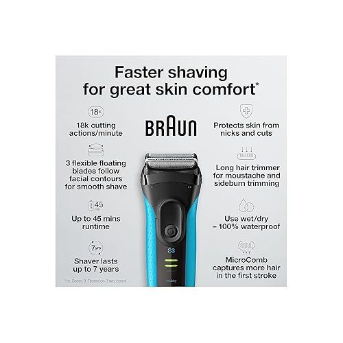 브라운 Braun Electric Series 3 Razor with Precision Trimmer, Rechargeable, Wet & Dry Foil Shaver for Men, Blue/Black, 4 Piece