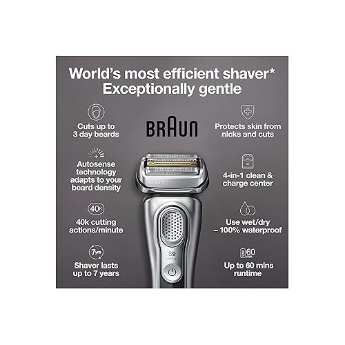 브라운 Braun Series 9 9370cc Rechargeable Wet & Dry Men's Electric Shaver with Clean & Charge Station