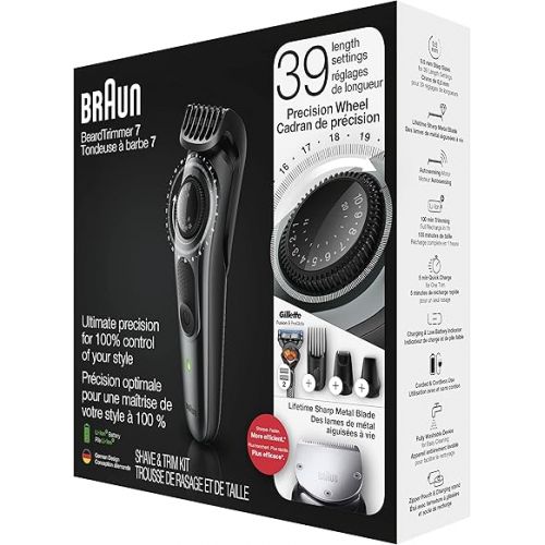 브라운 Braun Beard Detail Trimmer, Hair Clippers for Men, Cordless & Rechargeable, Mini Foil Shaver with Gillette ProGlide Razor, Silver, 10 Piece Set