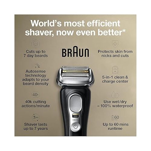 브라운 Braun Electric Razor,Waterproof Foil Shaver for Men,Series 9 Pro 9460cc,Wet & Dry Shave,w/ ProLift Beard Trimmer for Grooming,5-in-1 Cleaning & Charging SmartCare Center, Head Shavers for Bald Men