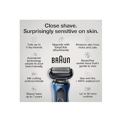 브라운 Braun Series 6 6095cc Electric Razor for Men with SmartCare Center, Beard Trimmer, Stubble Beard Trimmer, Cleansing Brush, Wet & Dry, Rechargeable, Cordless Foil Shaver, Blue