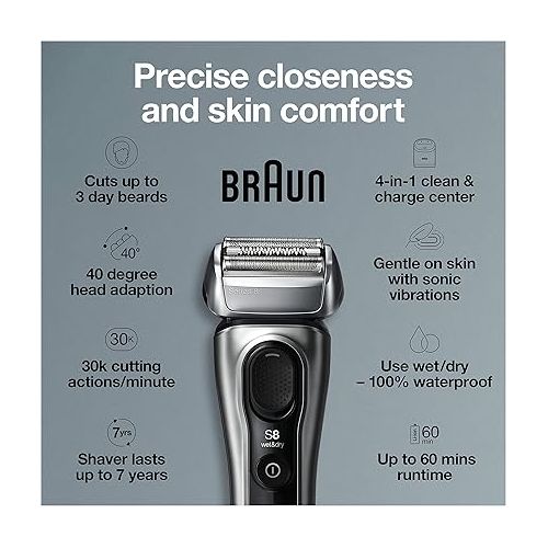 브라운 Braun Electric Razor for Men, Series 8 8457cc Electric Foil Shaver with Precision Beard Trimmer, Cleaning & Charging SmartCare Center, Galvano Silver