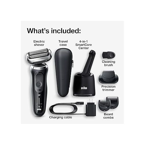 브라운 Braun Electric Razor for Men, Waterproof Foil Shaver, Series 7 7075cc, Wet & Dry Shave, With Beard Trimmer, Rechargeable, Clean & Charge SmartCare Center and Travel Case Included, Black