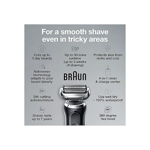 브라운 Braun Electric Razor for Men, Waterproof Foil Shaver, Series 7 7075cc, Wet & Dry Shave, With Beard Trimmer, Rechargeable, Clean & Charge SmartCare Center and Travel Case Included, Black