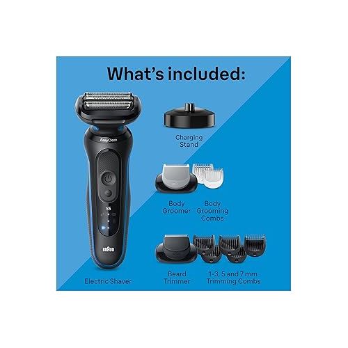 브라운 Braun Electric Shaver for Men, Series 5 5150cs, Wet & Dry Shave, Turbo Shaving Mode, Foil Shaver, with Beard Trimmer, Body Groomer and Charging Stand, Blue