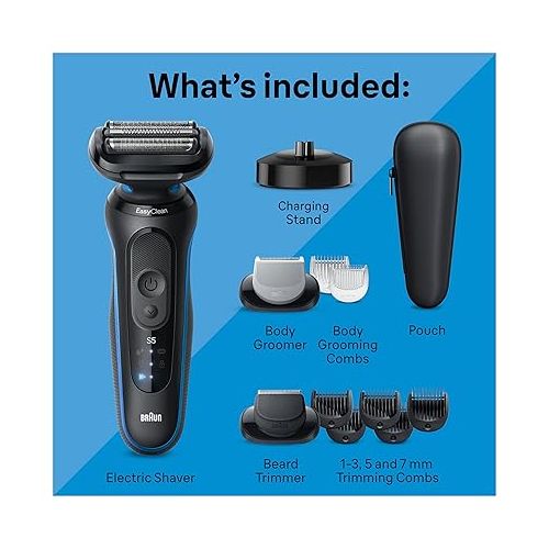 브라운 Braun Electric Shaver for Men, Series 5 5150cs, Wet & Dry Shave, Turbo Shaving Mode, Foil Shaver, with Beard Trimmer, Body Groomer and Charging Stand, Blue