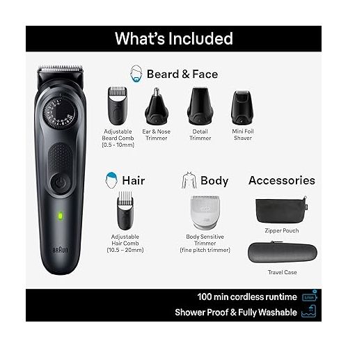 브라운 Braun All-in-One Style Kit Series 5 5470, 8-in-1 Trimmer for Men with Beard Trimmer, Body Trimmer for Manscaping, Hair Clippers & More, Ultra-Sharp Blade, 40 Length Settings, Waterproof