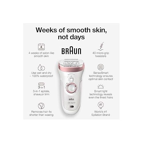 브라운 Braun Epilator Silk-epil 9 9-985, Facial Hair Removal for Women, Hair Removal Device, Shaver, Cordless, Rechargeable, Wet & Dry, Facial Cleansing Brush
