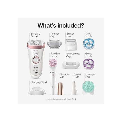 브라운 Braun Epilator Silk-epil 9 9-985, Facial Hair Removal for Women, Hair Removal Device, Shaver, Cordless, Rechargeable, Wet & Dry, Facial Cleansing Brush