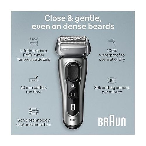 브라운 Braun Series 8 Electric Razor for Men, with 4+1 Shaving Elements & Precision Long Hair Trimmer, Close & Gentle Even on Dense Beards, Wet & Dry Electric Razor with 60min Runtime, 8517s Galvano Silver