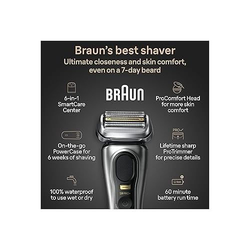 브라운 Braun Series 9 PRO+ Electric Razor for Men, 5 Pro Shave Elements & Shave-Preparing ProComfort Head, Closeness & Skin Comfort, SmartCare Center, PowerCase for Mobile Charging, Wet & Dry Use, 9599cc
