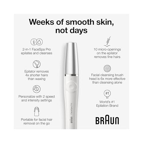 브라운 Braun Face Epilator Facespa Pro 910, Facial Hair Removal for Women, Hair Removal Device, Epilator for Women, 2 in 1 Epilating and Cleansing Brush