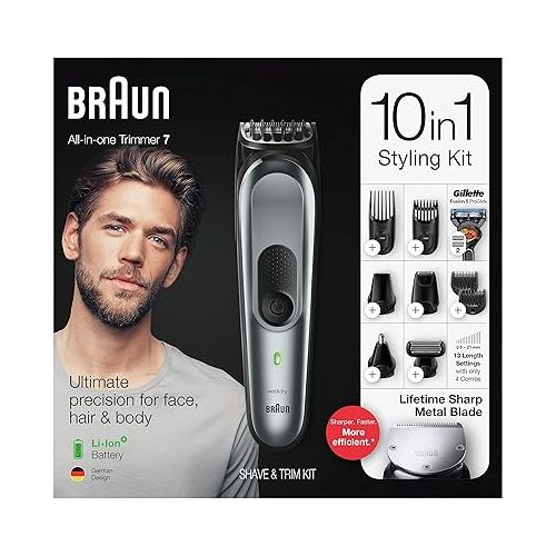 브라운 Braun Hair Clippers for Men, MGK7221 10-in-1 Body Grooming Kit, Beard, Ear and Nose Trimmer, Body Groomer and Hair Clipper, Black/Silver
