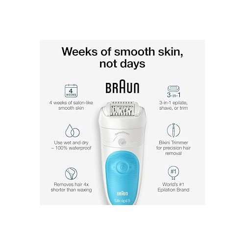 브라운 Braun Epilator Silk-epil 5 5-810, Hair Removal Device, Epilator for Women, Shaver & Bikini Trimmer, Cordless, Rechargeable, Wet & Dry