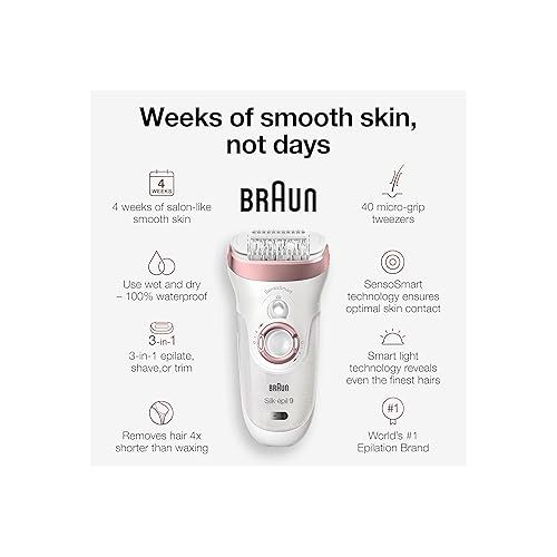 브라운 Braun Epilator Silk-epil 9 9-880, Facial Hair Removal for Women, Hair Removal Device, Wet & Dry, Facial Cleansing Brush, Women Shaver & Trimmer, Cordless, Rechargeable, Beauty Kit