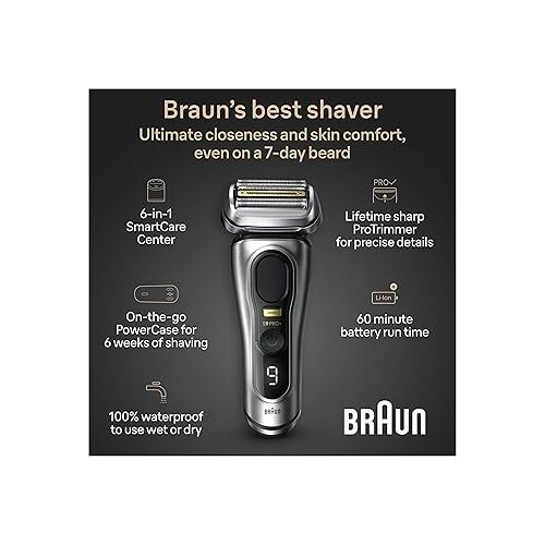 브라운 Braun Series 9 PRO+ Men's Electric Razor with 5 Shave Elements, Precision Trimmer, SmartCare Center, PowerCase, Wet & Dry, 60min Battery