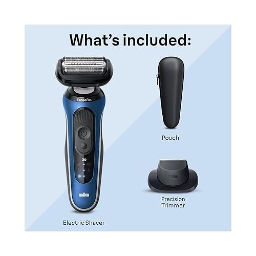 브라운 Braun Electric Shaver for Men, Series 6 6120s, Wet & Dry Shave, Turbo & Gentle Shaving Modes, with Precision Trimmer & Pouch, Blue