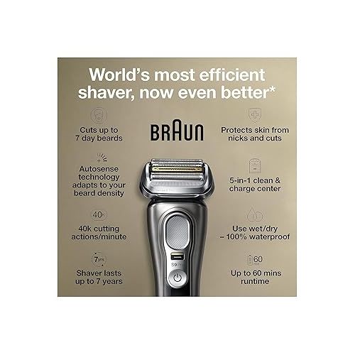 브라운 Braun Electric Razor for Men, Series 9 Pro 9465cc Wet & Dry Electric Foil Shaver with ProLift Beard Trimmer, Cleaning & Charging SmartCare Center, Head Shavers for Bald Men, Noble Metal