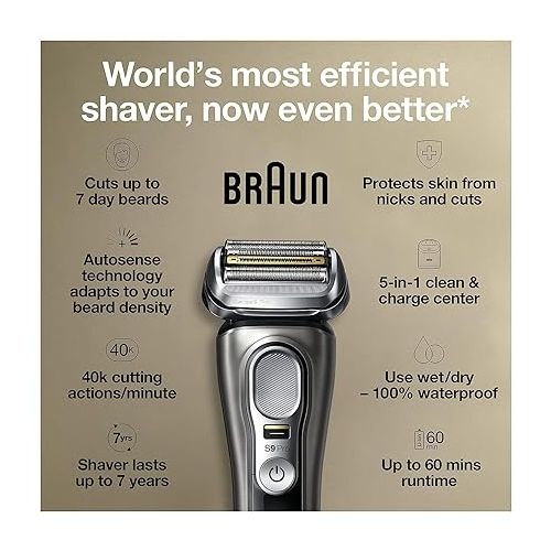 브라운 Braun Electric Razor for Men, Series 9 Pro 9465cc Wet & Dry Electric Foil Shaver with ProLift Beard Trimmer, Cleaning & Charging SmartCare Center, Noble Metal