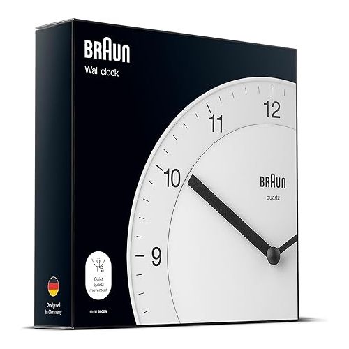 브라운 Braun Classic Analogue Wall Clock with Quiet Quartz Movement, Easy to Read, 20cm Diameter in White, Model BC06W, One Size