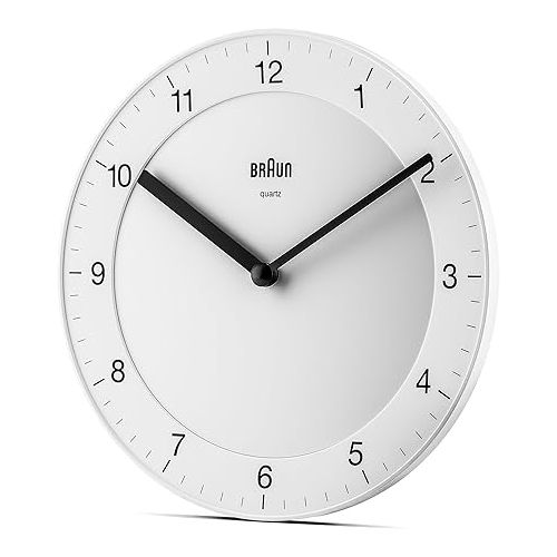 브라운 Braun Classic Analogue Wall Clock with Quiet Quartz Movement, Easy to Read, 20cm Diameter in White, Model BC06W, One Size