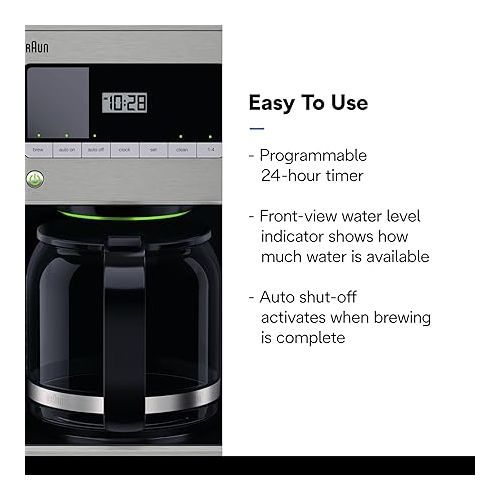 브라운 Braun BrewSense 12-Cup Drip Coffee Maker, Stainless Steel - PureFlavor & Fast Brew System - Three Brew Modes - 24-Hour Programmable Timer - Dishwasher Safe