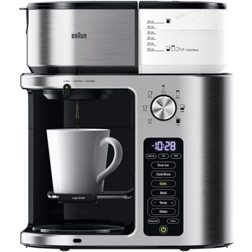 브라운 Braun MultiServe Plus 10- Cup Pod Free Drip Coffee Maker, 7 Brew Sizes/Hot & Cold Brew & Hot Water for Tea, KF9370SI