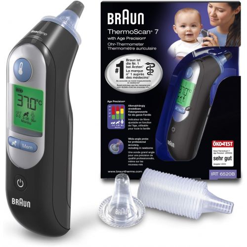 브라운 Braun ThermoScan 7 Ohrthermometer mit Age Precision - Black Edition und Braun Ersatzschutzkappen fuer Braun Thermoscan Thermometer, 40 Stueck