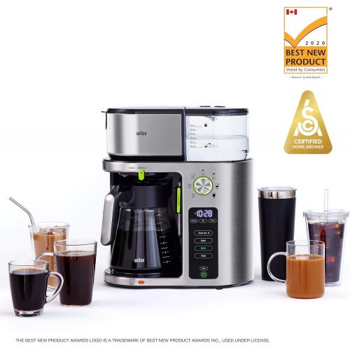 브라운 Braun MultiServe Coffee Machine 7 Programmable Brew Sizes / 3 Strengths + Iced Coffee, Glass Carafe (10-Cup), Stainless Steel, KF9070S