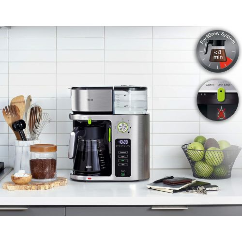 브라운 Braun MultiServe Coffee Machine 7 Programmable Brew Sizes / 3 Strengths + Iced Coffee, Glass Carafe (10-Cup), Stainless Steel, KF9070S
