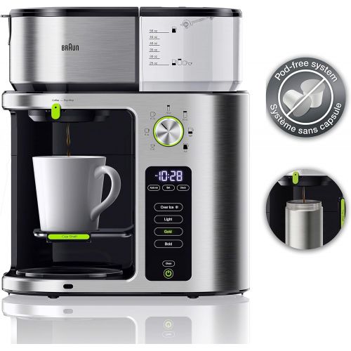 브라운 Braun MultiServe Coffee Machine 7 Programmable Brew Sizes / 3 Strengths + Iced Coffee, Glass Carafe (10-Cup), Stainless Steel, KF9070S