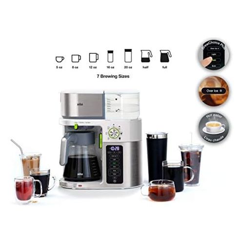 브라운 Braun MultiServe Coffee Machine 7 Programmable Brew Sizes / 3 Strengths + Iced Coffee & Hot Water for Tea, Glass Carafe (10-Cup), White, KF9150WH