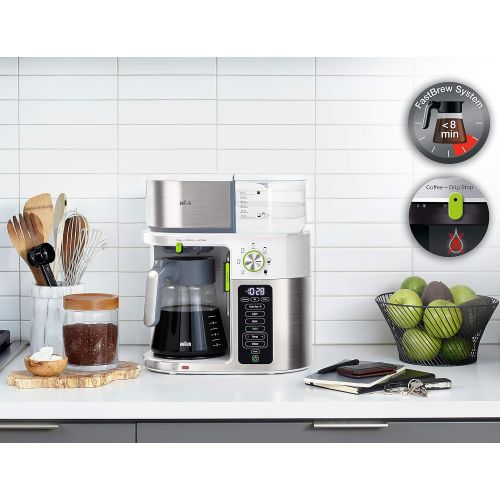 브라운 Braun MultiServe Coffee Machine 7 Programmable Brew Sizes / 3 Strengths + Iced Coffee & Hot Water for Tea, Glass Carafe (10-Cup), White, KF9150WH