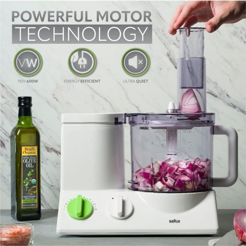 브라운 Braun FP3020 12 Cup Food Processor Ultra Quiet Powerful motor, includes 7 Attachment Blades + Chopper and Citrus Juicer , Made in Europe with German Engineering