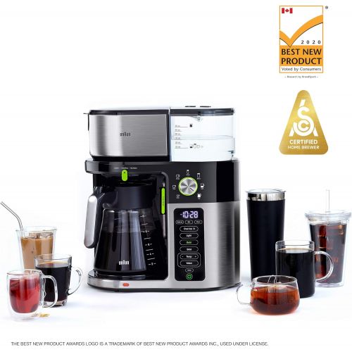 브라운 Braun MultiServe Coffee Machine 7 Programmable Brew Sizes / 3 Strengths + Iced Coffee & Hot Water for Tea, Glass Carafe (10-Cup), Stainless/Black, KF9150BK