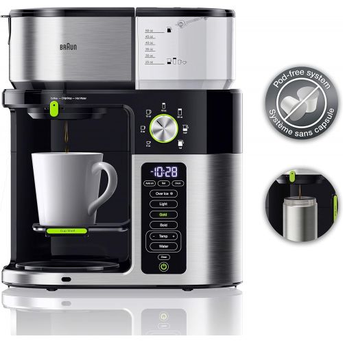 브라운 Braun MultiServe Coffee Machine 7 Programmable Brew Sizes / 3 Strengths + Iced Coffee & Hot Water for Tea, Glass Carafe (10-Cup), Stainless/Black, KF9150BK