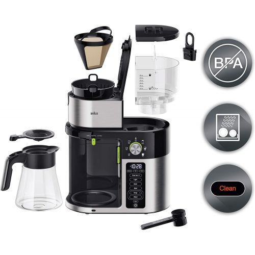 브라운 Braun MultiServe Coffee Machine 7 Programmable Brew Sizes / 3 Strengths + Iced Coffee & Hot Water for Tea, Glass Carafe (10-Cup), Stainless/Black, KF9150BK