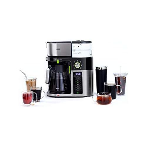 브라운 Braun MultiServe Coffee Machine, 7 Programmable Brew Sizes / 3 Strengths + Iced Coffee & Hot Water for Tea, Glass Carafe (10-Cup), Stainless / Black, KF9150BK
