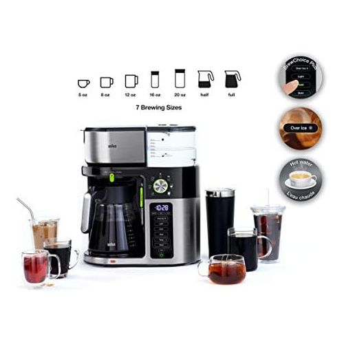 브라운 Braun MultiServe Coffee Machine, 7 Programmable Brew Sizes / 3 Strengths + Iced Coffee & Hot Water for Tea, Glass Carafe (10-Cup), Stainless / Black, KF9150BK