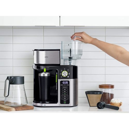 브라운 Braun MultiServe Coffee Machine, 7 Programmable Brew Sizes / 3 Strengths + Iced Coffee & Hot Water for Tea, Glass Carafe (10-Cup), Stainless / Black, KF9150BK