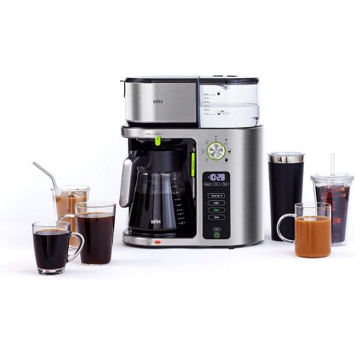 브라운 Braun MultiServe Coffee Machine, 7 Programmable Brew Sizes / 3 Strengths + Iced Coffee, Glass Carafe (10-Cup), Stainless Steel, KF9070SI