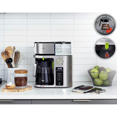 브라운 Braun MultiServe Coffee Machine, 7 Programmable Brew Sizes / 3 Strengths + Iced Coffee, Glass Carafe (10-Cup), Stainless Steel, KF9070SI