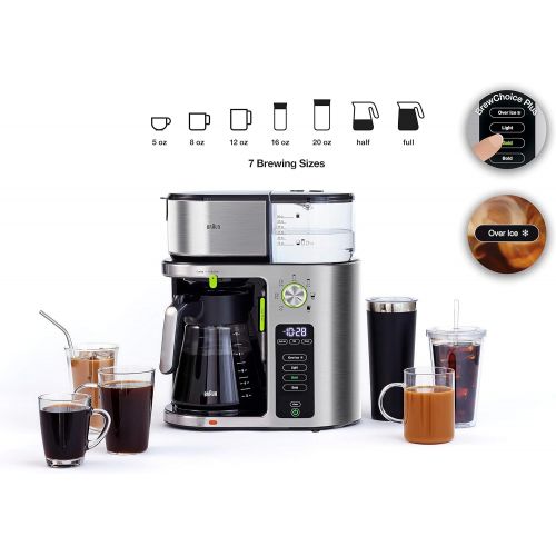 브라운 Braun MultiServe Coffee Machine, 7 Programmable Brew Sizes / 3 Strengths + Iced Coffee, Glass Carafe (10-Cup), Stainless Steel, KF9070SI