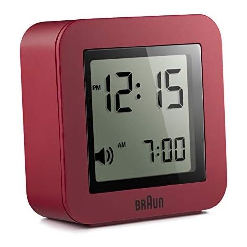 브라운 Braun Digitaler Reisewecker Schlummerfunktion, kompakte Groesse, Positiv-LCD, Schnelleinstellfunktion, Crescendo-Alarm, rotes Modell BNC018R.