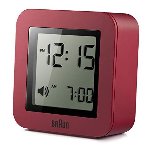 브라운 Braun Digitaler Reisewecker Schlummerfunktion, kompakte Groesse, Positiv-LCD, Schnelleinstellfunktion, Crescendo-Alarm, rotes Modell BNC018R.